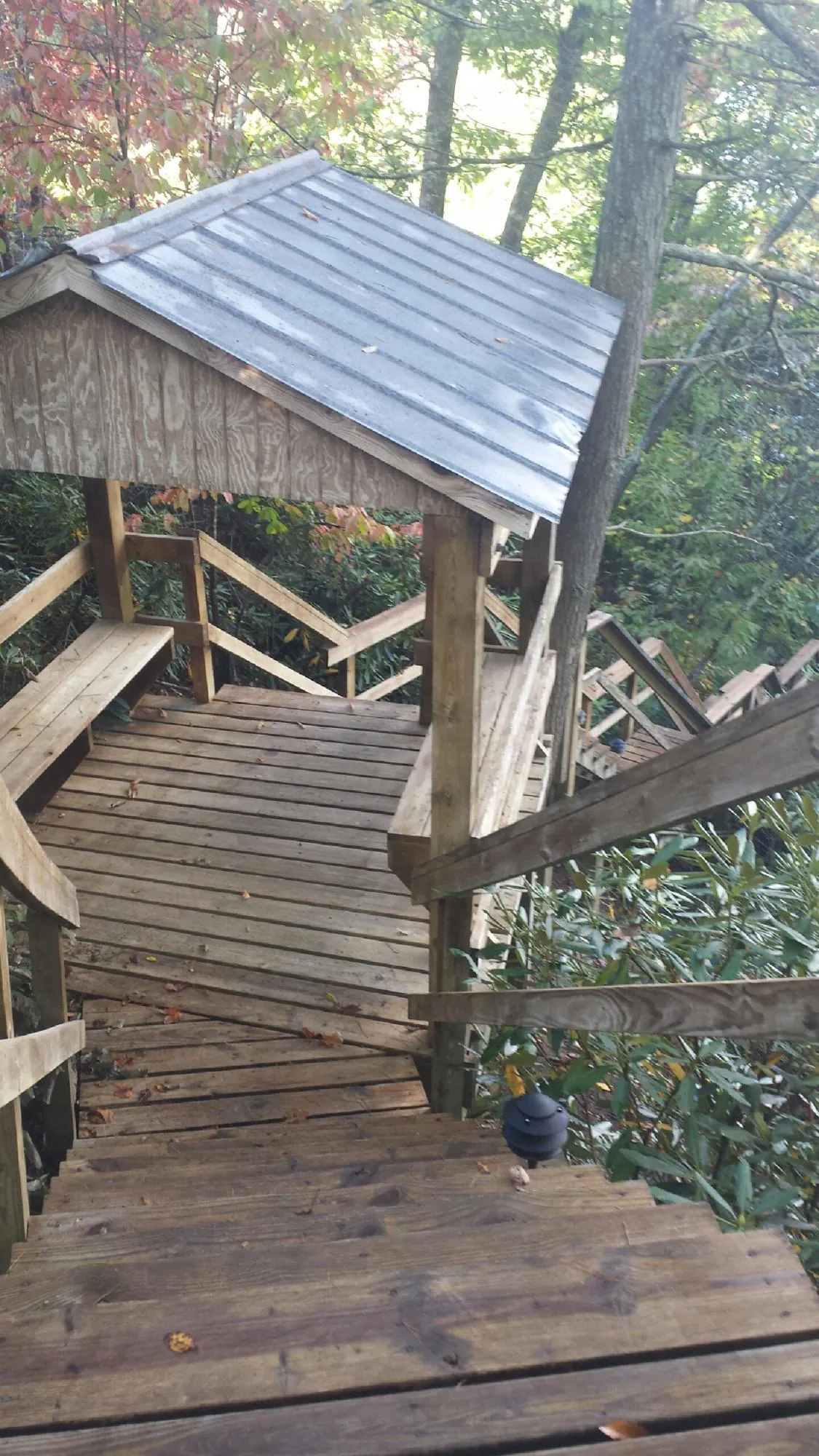 Metal roofed shelter over wooden steps on a wooded walkway — Skylight Repair & Installation work by our crew in Ehrhardt